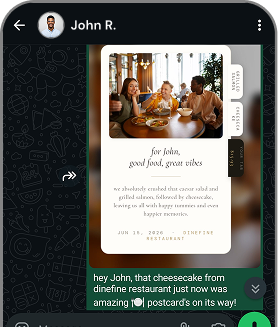 A Tab postcard arriving in a WhatsApp chat